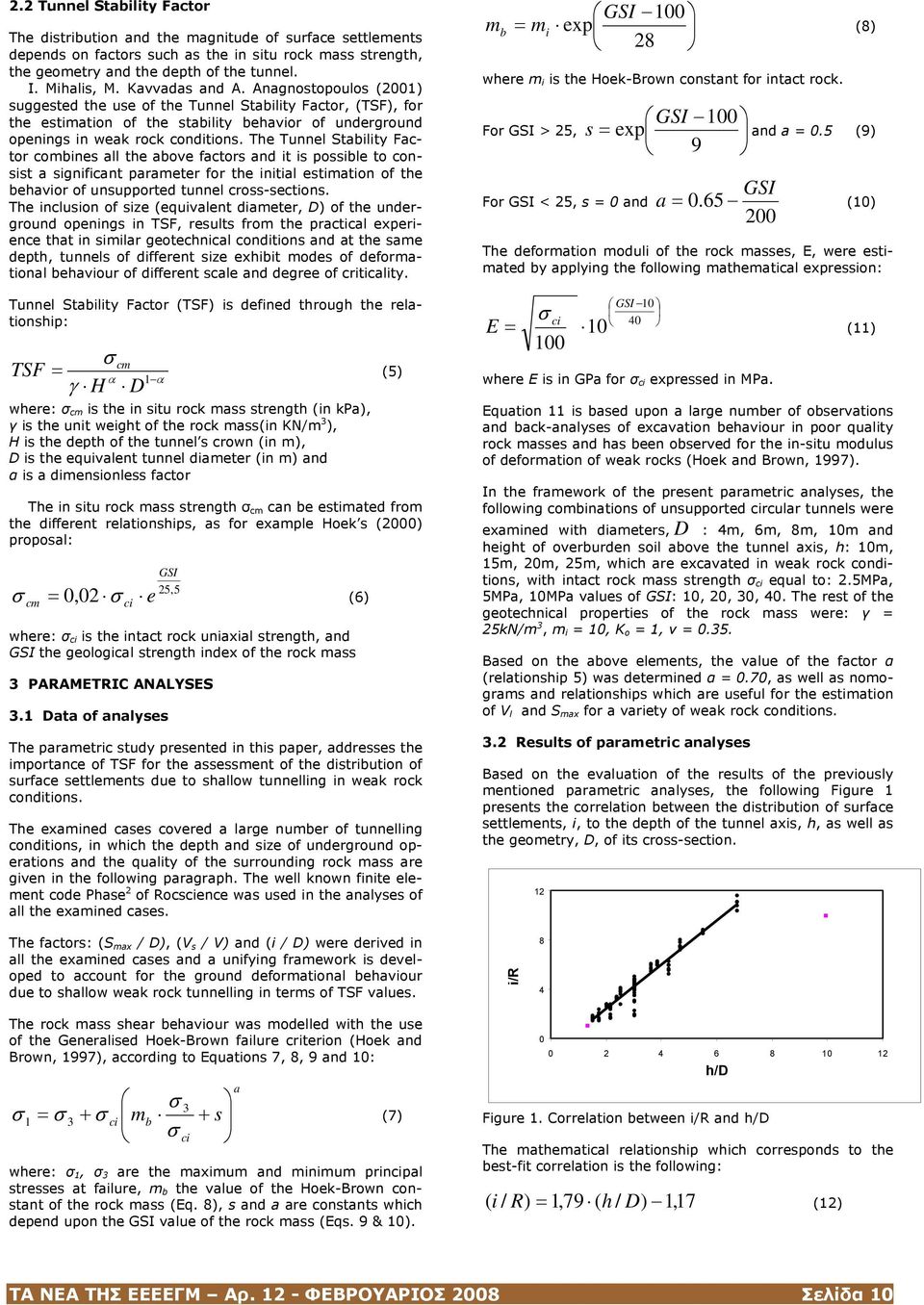 Anagnostopoulos (2001) suggested the use of the Tunnel Stability Factor, (TSF), for the estimation of the stability behavior of underground openings in weak rock conditions.