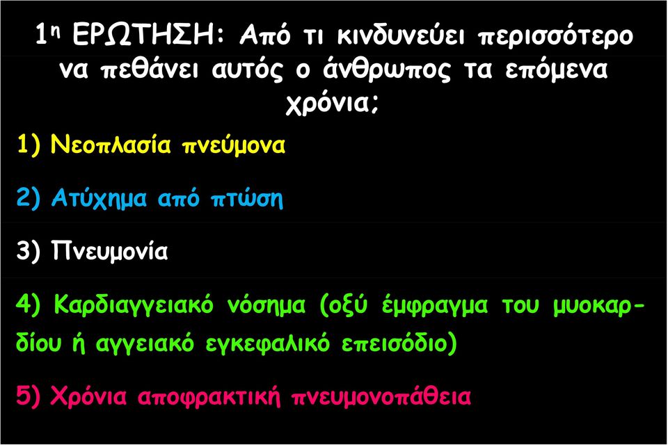 πτώση 3) Πνευμονία 4) Καρδιαγγειακό νόσημα (οξύ έμφραγμα του