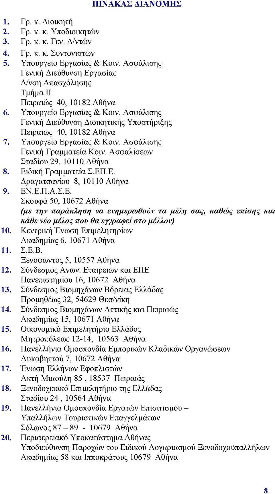 Υπουργείο Εργασίας & Κοιν. Ασφάλισης Γενική Γραμματεία Κοιν. Ασφαλίσεων Σταδίου 29, 10110 Αθήνα 8. Ειδική Γραμματεία Σ.ΕΠ.Ε. Δραγατσανίου 8, 10110 Αθήνα 9. ΕΝ.Ε.Π.Α.Σ.Ε. Σκουφά 50, 10672 Αθήνα (με την παράκληση να ενημερωθούν τα μέλη σας, καθώς επίσης και κάθε νέο μέλος που θα εγγραφεί στο μέλλον) 10.