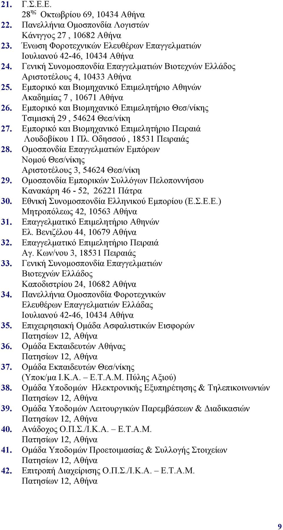 Εμπορικό και Βιομηχανικό Επιμελητήριο Θεσ/νίκης Τσιμισκή 29, 54624 Θεσ/νίκη 27. Εμπορικό και Βιομηχανικό Επιμελητήριο Πειραιά Λουδοβίκου 1 Πλ. Οδησσού, 18531 Πειραιάς 28.