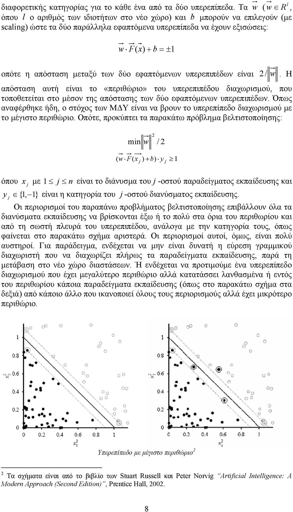 µεταξύ των δύο εφαπτόµενων υπερεπιπέδων είναι 2 / w. Η απόσταση αυτή είναι το «περιθώριο» του υπερεπιπέδου διαχωρισµού, που τοποθετείται στο µέσον της απόστασης των δύο εφαπτόµενων υπερεπιπέδων.