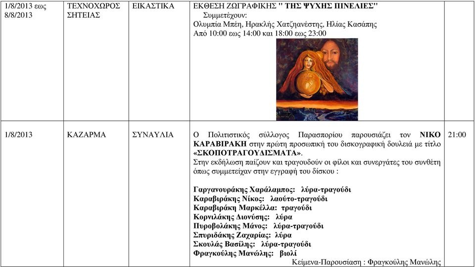 Στην εκδήλωση παίζουν και τραγουδούν οι φίλοι και συνεργάτες του συνθέτη όπως συµµετείχαν στην εγγραφή του δίσκου : Γαργανουράκης Χαράλαµπος: λύρα-τραγούδι Καραβιράκης Νίκος: λαούτο-τραγούδι