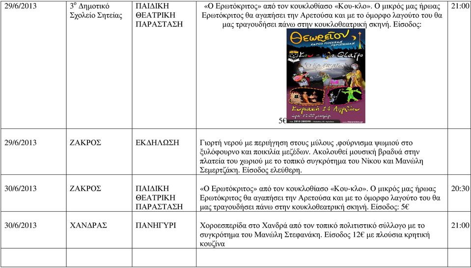 Είσοδος: 5 29/6/2013 ΖΑΚΡΟΣ ΕΚ ΗΛΩΣΗ Γιορτή νερού µε περιήγηση στους µύλους,φούρνισµα ψωµιού στο ξυλόφουρνο και ποικιλία µεζέδων.