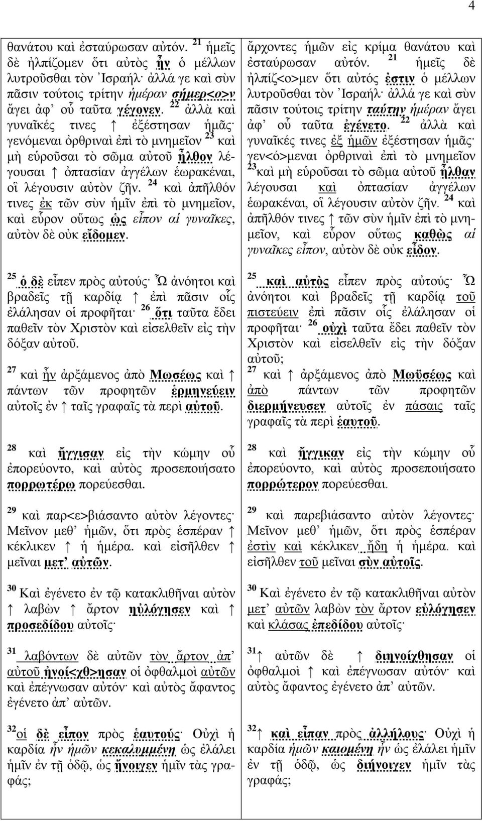 24 θαὶ ἀπῆιζόλ ηηλεο ἐθ ηῶλ ζὺλ ἡκῖλ ἐπὶ ηὸ κλεκεῖνλ, θαὶ εὗξνλ νὕησο ὡς εἶπον αἱ γςναῖκερ, αὐηὸλ δὲ νὐθ εἴδομεν.