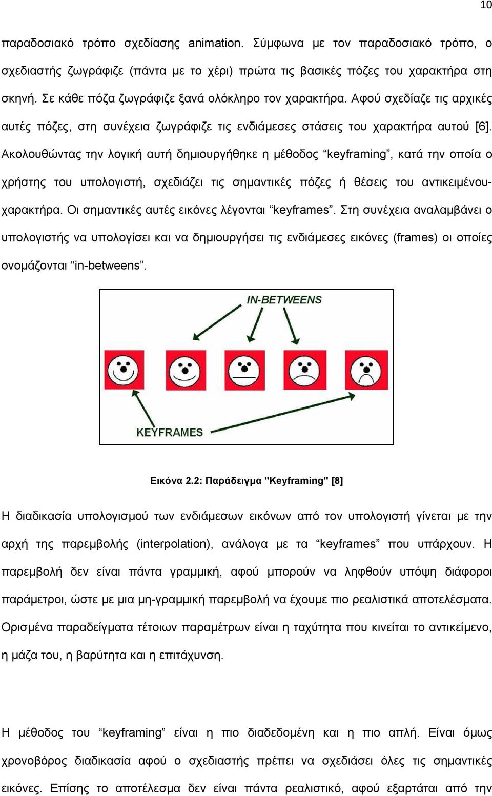 Ακολουθώντας την λογική αυτή δηµιουργήθηκε η µέθοδος keyframing, κατά την οποία ο χρήστης του υπολογιστή, σχεδιάζει τις σηµαντικές πόζες ή θέσεις του αντικειµένουχαρακτήρα.