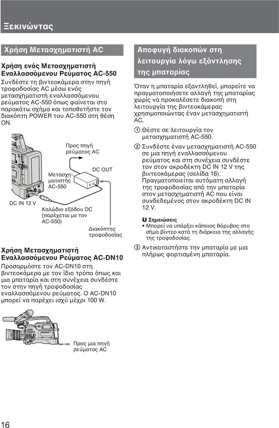 DC IN 12 V Μετασχηματιστής AC-550 Προς πηγή ρεύματος AC DC OUT Καλώδιο εξόδου DC (παρέχεται με τον AC-550) Διακόπτης τροφοδοσίας Χρήση Μετασχηματιστή Εναλλασσόμενου Ρεύματος AC-DN10 Προσαρμόστε τον