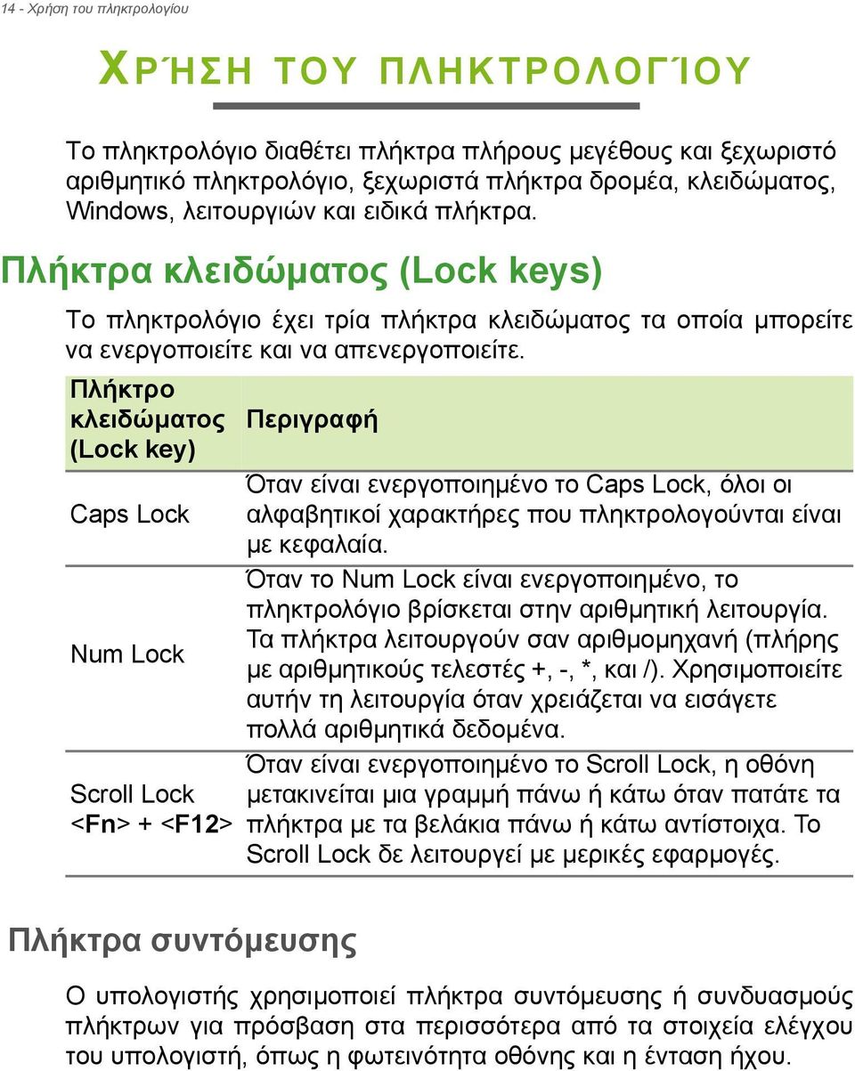 Πλήκτρο κλειδώματος (Lock key) Caps Lock Num Lock Scroll Lock <Fn> + <F12> Περιγραφή Πλήκτρα συντόμευσης Όταν είναι ενεργοποιημένο το Caps Lock, όλοι οι αλφαβητικοί χαρακτήρες που πληκτρολογούνται