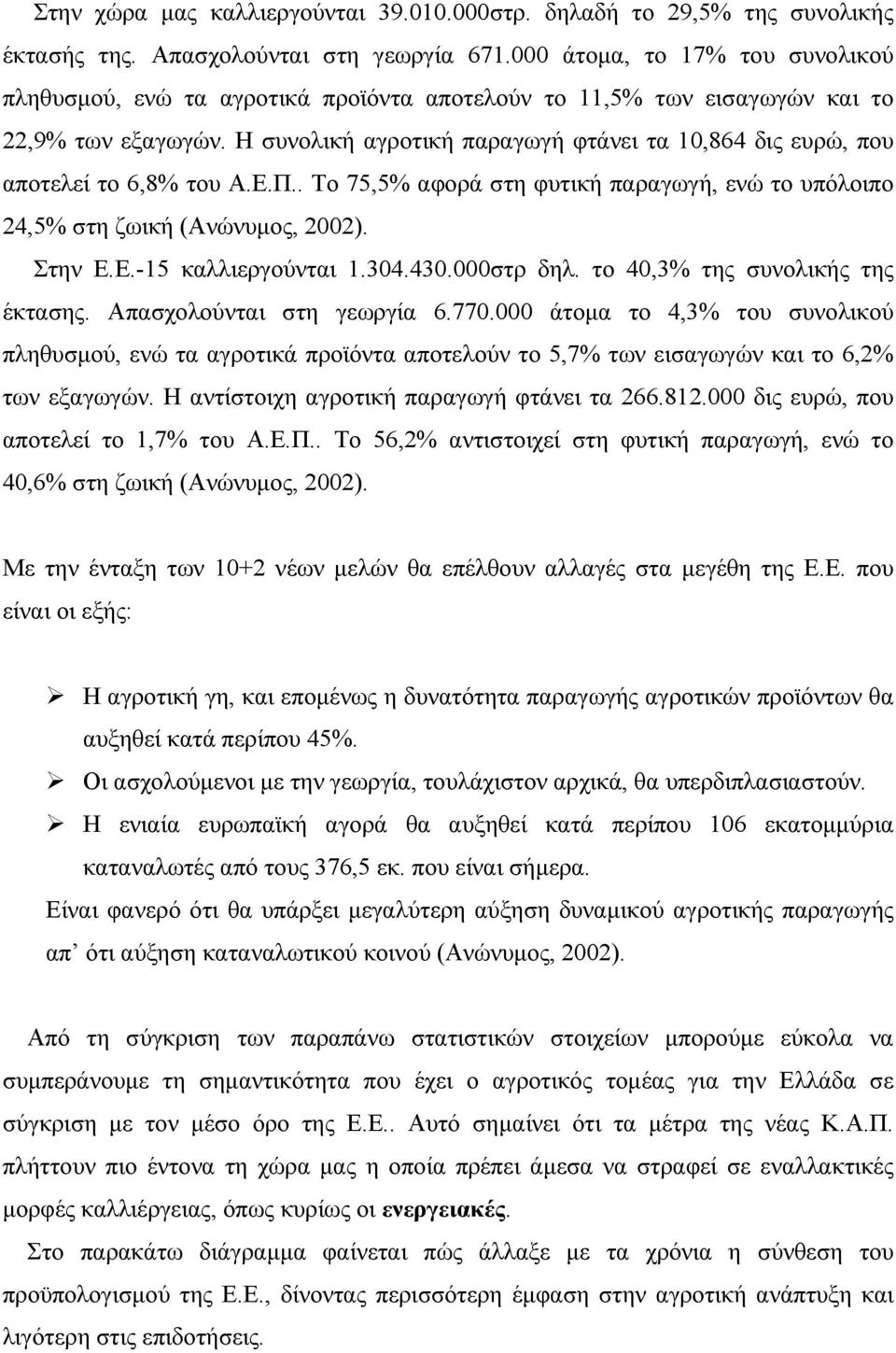 Η συνολική αγροτική παραγωγή φτάνει τα 10,864 δις ευρώ, που αποτελεί το 6,8% του Α.Ε.Π.. Το 75,5% αφορά στη φυτική παραγωγή, ενώ το υπόλοιπο 24,5% στη ζωική (Ανώνυμος, 2002). Στην Ε.Ε.-15 καλλιεργούνται 1.