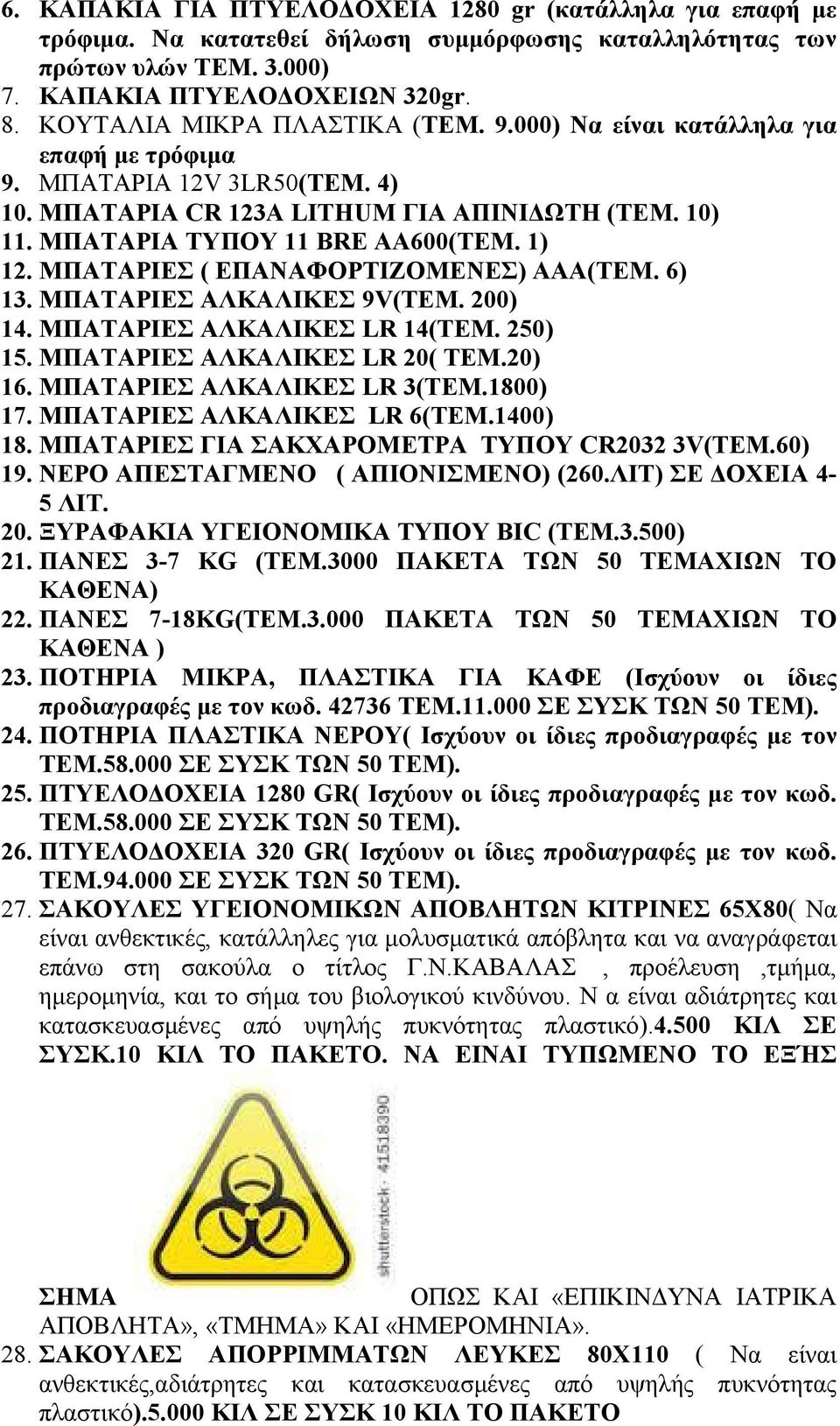 1) 12. ΜΠΑΤΑΡΙΕΣ ( ΕΠΑΝΑΦΟΡΤΙΖΟΜΕΝΕΣ) ΑΑΑ(ΤΕΜ. 6) 13. ΜΠΑΤΑΡΙΕΣ ΑΛΚΑΛΙΚΕΣ 9V(ΤΕΜ. 200) 14. ΜΠΑΤΑΡΙΕΣ ΑΛΚΑΛΙΚΕΣ LR 14(ΤΕΜ. 250) 15. ΜΠΑΤΑΡΙΕΣ ΑΛΚΑΛΙΚΕΣ LR 20( ΤΕΜ.20) 16. ΜΠΑΤΑΡΙΕΣ ΑΛΚΑΛΙΚΕΣ LR 3(ΤΕΜ.