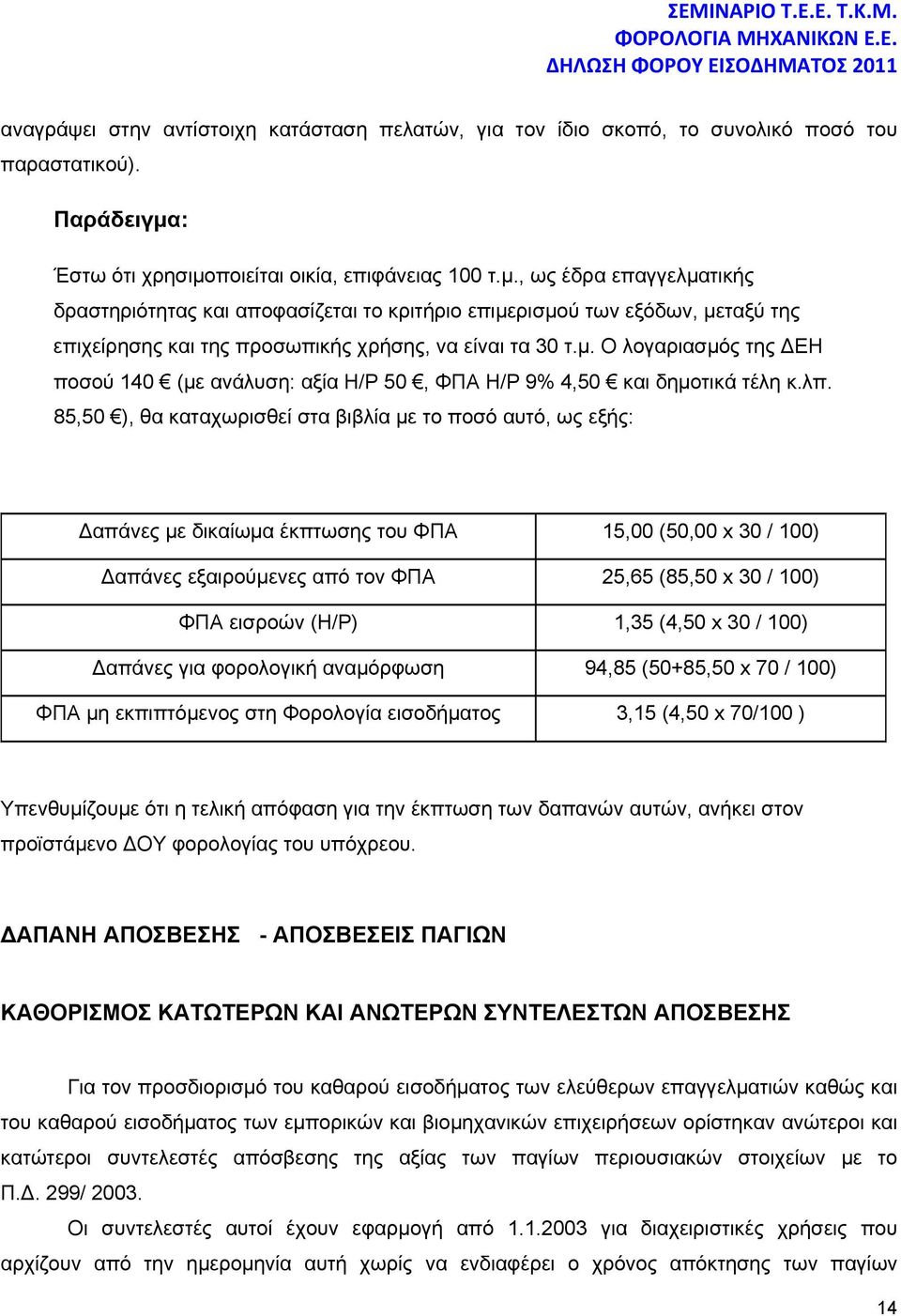 μ. Ο λογαριασμός της ΔΕΗ ποσού 140 (με ανάλυση: αξία Η/Ρ 50, ΦΠΑ Η/Ρ 9% 4,50 και δημοτικά τέλη κ.λπ.