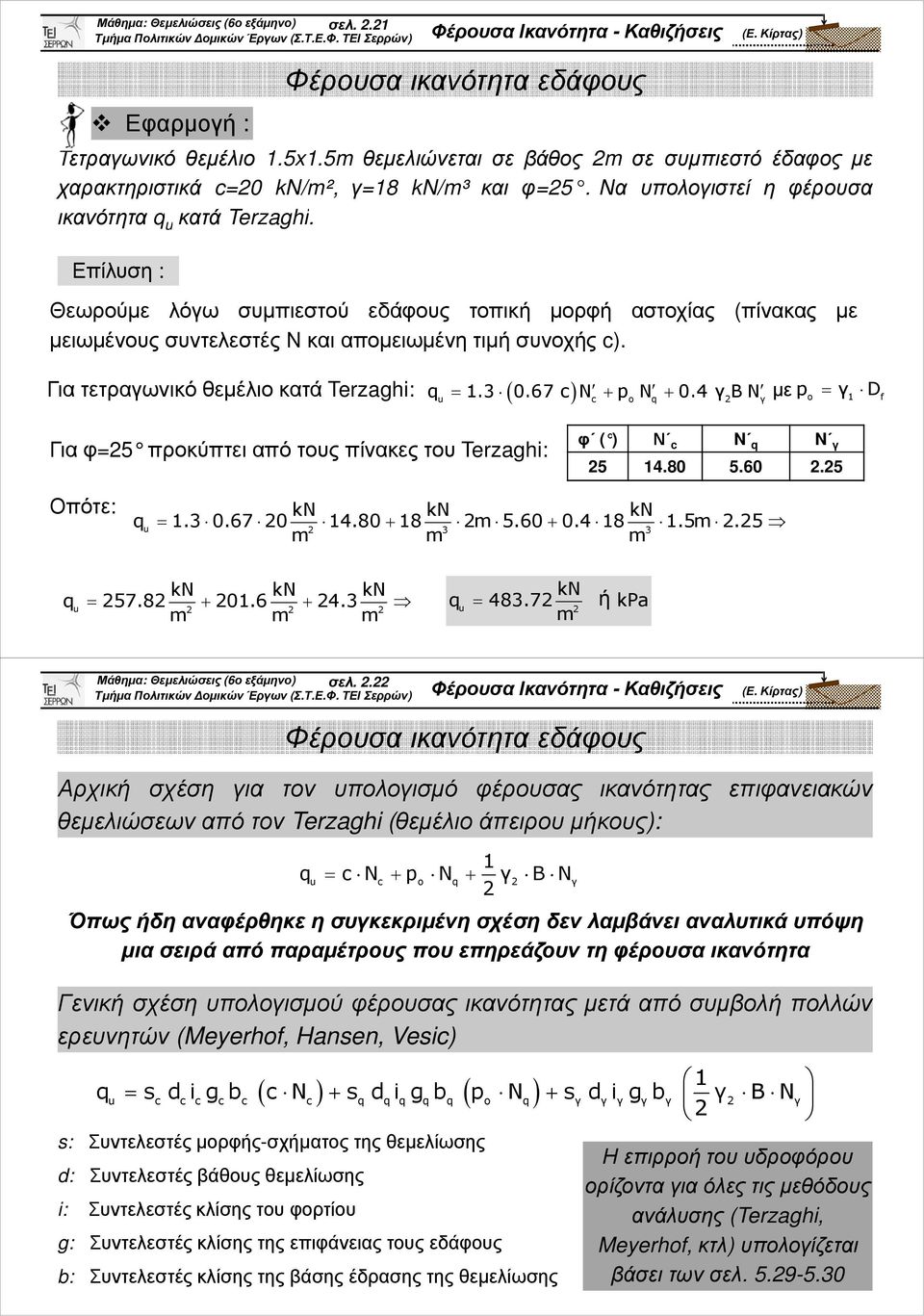 Για τετραγωνικό θεµέλιο κατά Terzaghi: ( ) q = 1.3 0.67 c N + p N + 0.4 γ ΒN µεp = γ D o 1 f u c o q γ Για φ=5 προκύπτει από τους πίνακες του Terzaghi: φ ( ) Ν c N q N γ 5 14.80 5.60.
