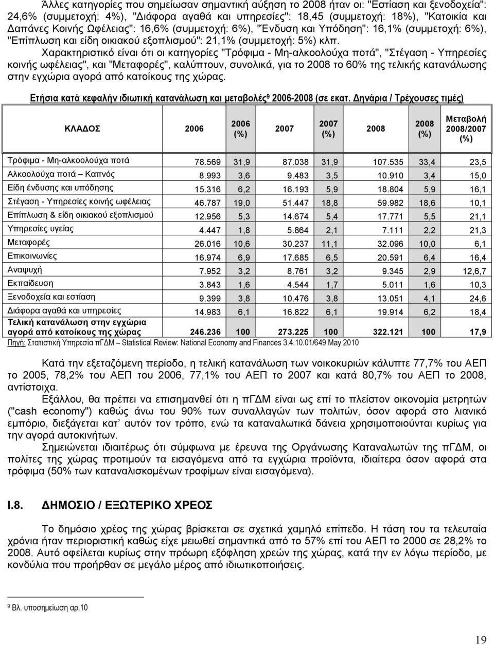 Χαρακτηριστικό είναι ότι οι κατηγορίες "Τρόφιµα - Μη-αλκοολούχα ποτά", "Στέγαση - Υπηρεσίες κοινής ωφέλειας", και "Μεταφορές", καλύπτουν, συνολικά, για το 2008 το 60% της τελικής κατανάλωσης στην