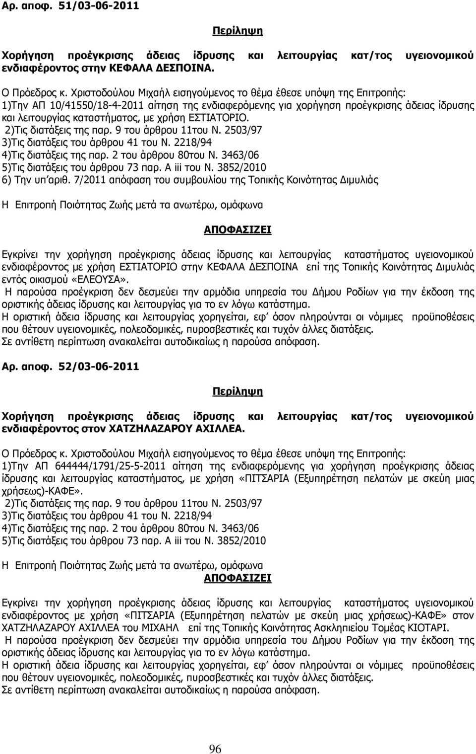 χρήση ΕΣΤΙΑΤΟΡΙΟ. 2)Τις διατάξεις της παρ. 9 του άρθρου 11του Ν. 2503/97 3)Τις διατάξεις του άρθρου 41 του Ν. 2218/94 4)Τις διατάξεις της παρ. 2 του άρθρου 80του Ν.