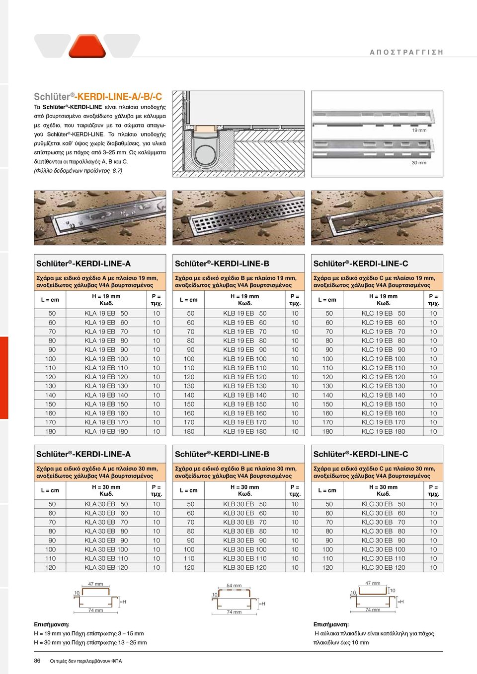 7) 19 mm 30 mm Schlüter -KERDI-LINE-A Schlüter -KERDI-LINE-B Schlüter -KERDI-LINE-C Σχάρα με ειδικό σχέδιο Α με πλαίσιο 19 mm, χάλυβας V4A βουρτσισμένος L = cm H = 19 mm 50 KLA 19 EB 50 10 60 KLA 19