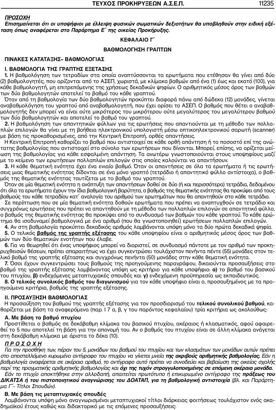 Η βαθμολόγηση των τετραδίων στα οποία αναπτύσσονται τα ερωτήματα που ετέθησαν θα γίνει από δύο (2) βαθμολογητές, που ορίζονται από το ΑΣΕΠ, χωριστά, με κλίμακα βαθμών από ένα (1) έως και εκατό (100),