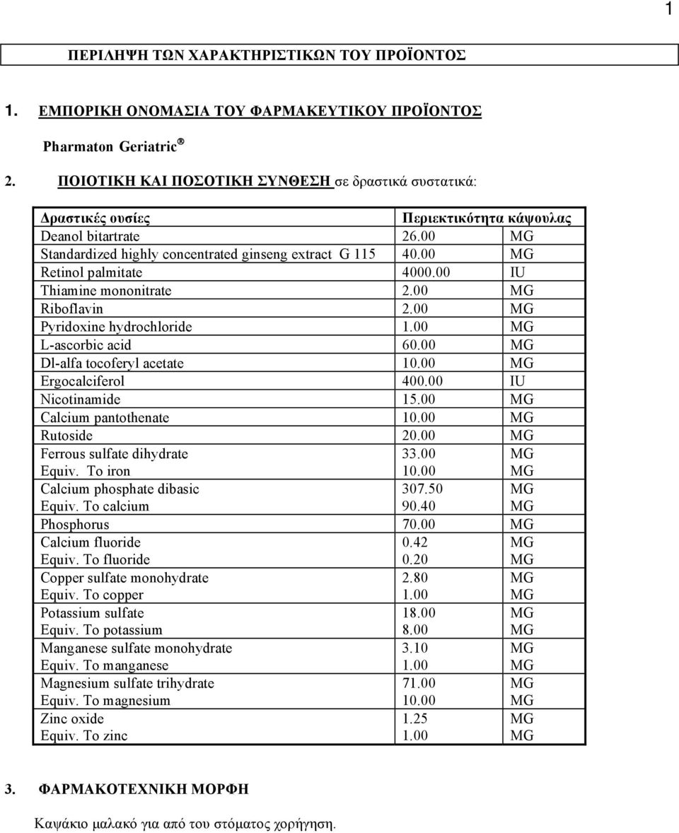 00 Retinol palmitate 4000.00 IU Thiamine mononitrate 2.00 Riboflavin 2.00 Pyridoxine hydrochloride 1.00 L-ascorbic acid 60.00 Dl-alfa tocoferyl acetate 10.00 Ergocalciferol 400.00 IU Nicotinamide 15.