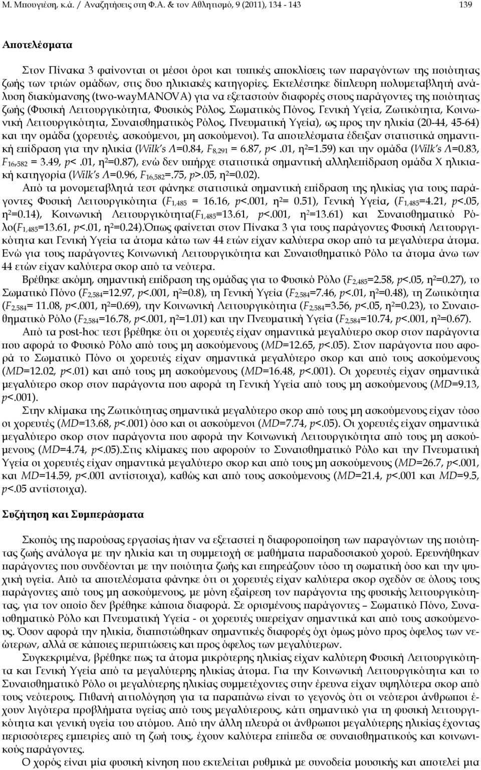 & τον Αθλητισμό, 9 (2011), 134-143 139 Αποτελέσματα Στον Πίνακα 3 φαίνονται οι μέσοι όροι και τυπικές αποκλίσεις των παραγόντων της ποιότητας ζωής των τριών ομάδων, στις δυο ηλικιακές κατηγορίες.