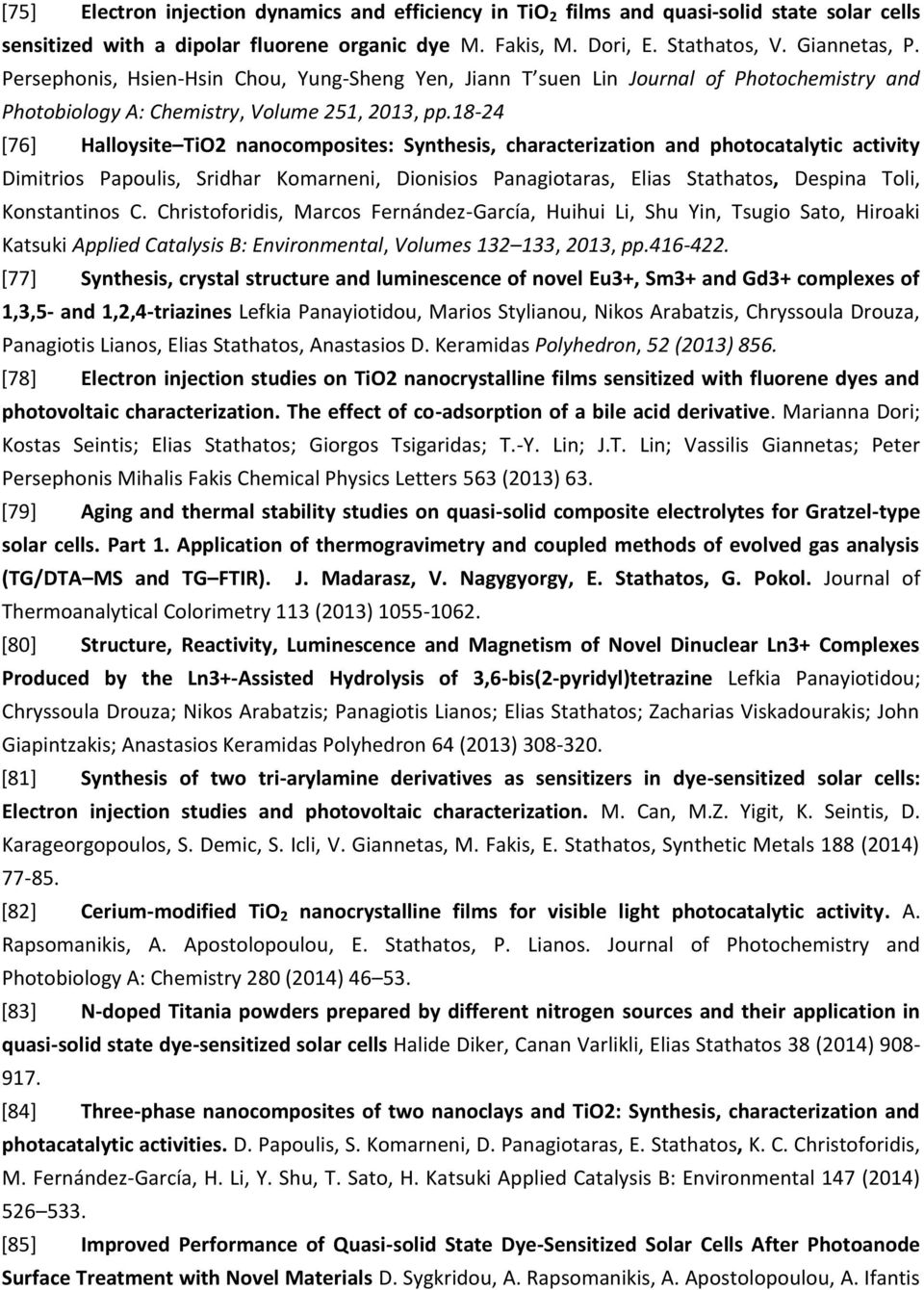 18-24 [76] Halloysite TiO2 nanocomposites: Synthesis, characterization and photocatalytic activity Dimitrios Papoulis, Sridhar Komarneni, Dionisios Panagiotaras, Elias Stathatos, Despina Toli,