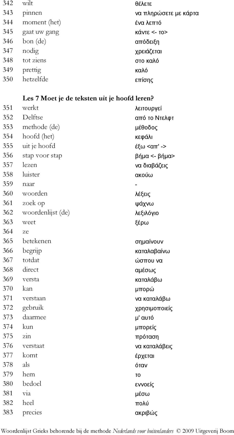 351 werkt λειτουργεί 352 Delftse από το Ντελφτ 353 methode (de) µέθοδος 354 hoofd (het) κεφάλι 355 uit je hoofd έξω <απ' -> 356 stap voor stap βήµα <- βήµα> 357 lezen να διαβάζεις 358 luister ακούω