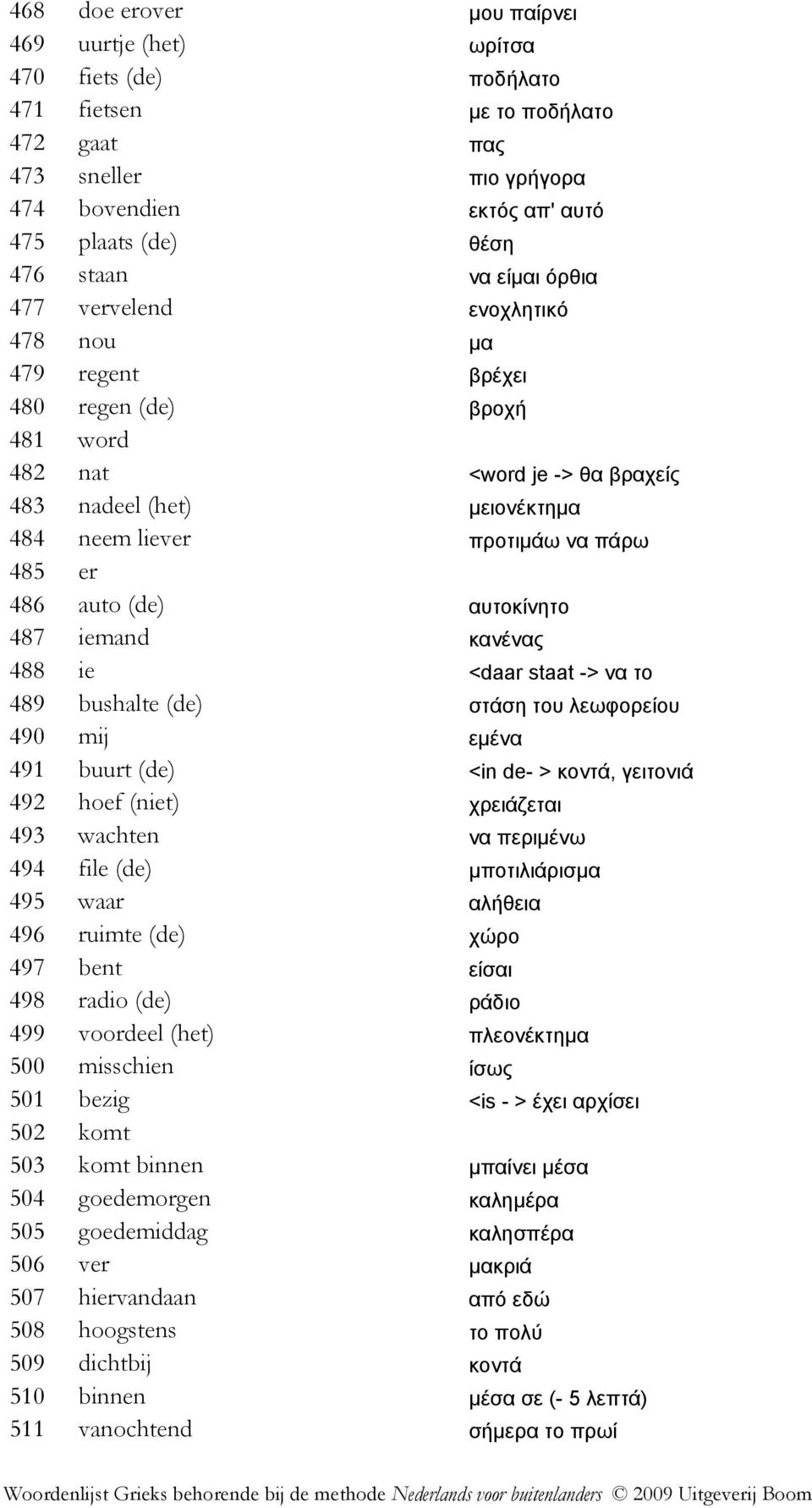 486 auto (de) αυτοκίνητο 487 iemand κανένας 488 ie <daar staat -> να το 489 bushalte (de) στάση του λεωφορείου 490 mij εµένα 491 buurt (de) <in de- > κοντά, γειτονιά 492 hoef (niet) χρειάζεται 493