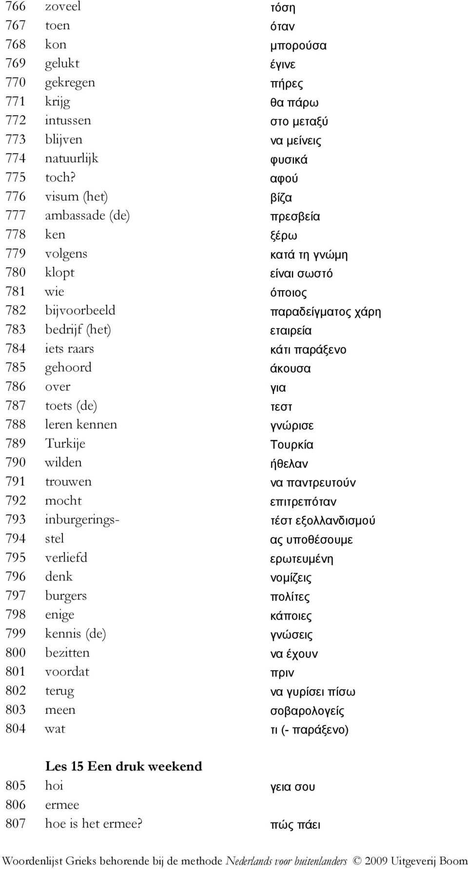 iets raars κάτι παράξενο 785 gehoord άκουσα 786 over για 787 toets (de) τεστ 788 leren kennen γνώρισε 789 Turkije Τουρκία 790 wilden ήθελαν 791 trouwen να παντρευτούν 792 mocht επιτρεπόταν 793