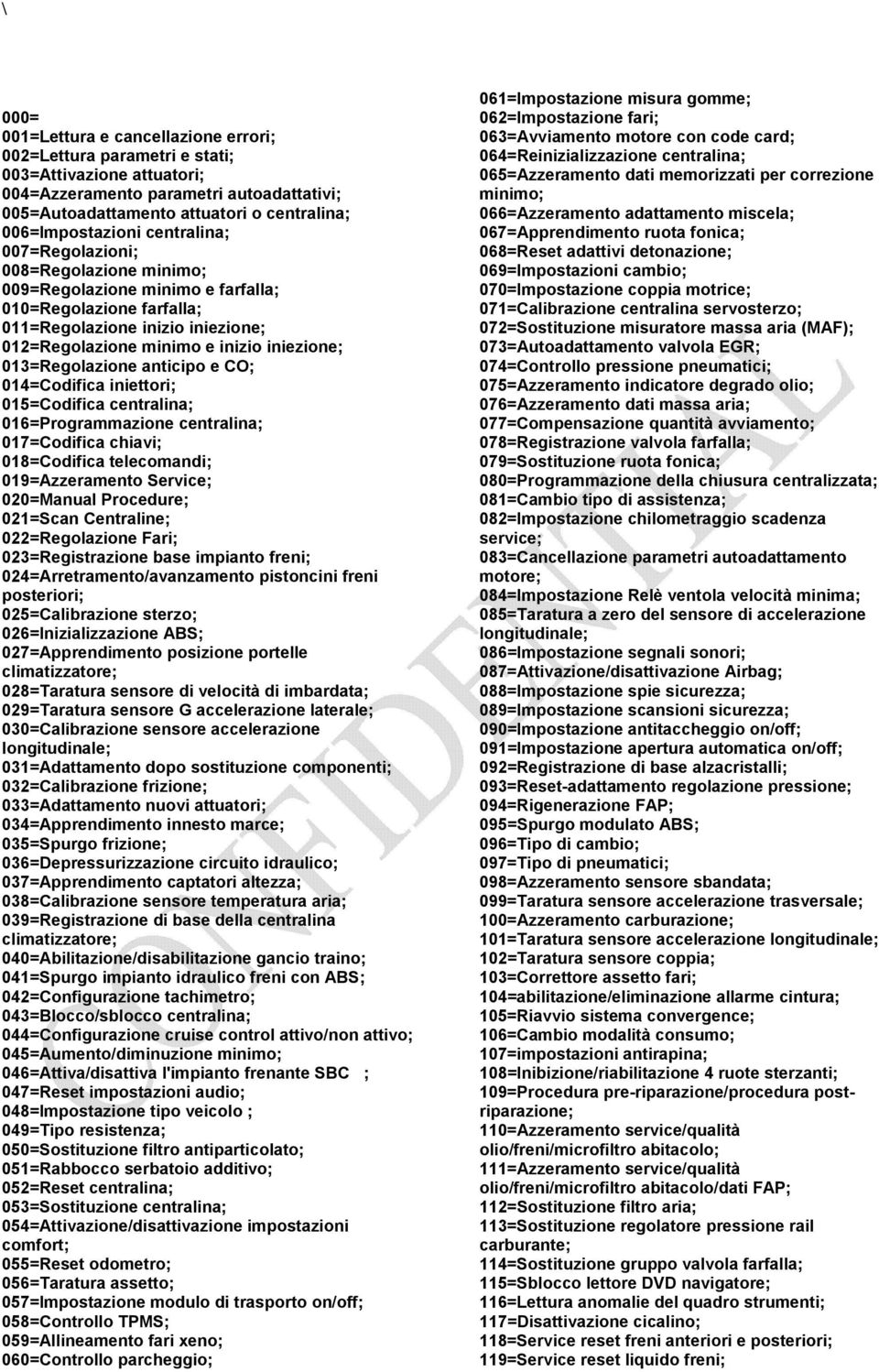 iniezione; 013=Regolazione anticipo e CO; 014=Codifica iniettori; 015=Codifica centralina; 016=Programmazione centralina; 017=Codifica chiavi; 018=Codifica telecomandi; 019=Azzeramento Service;