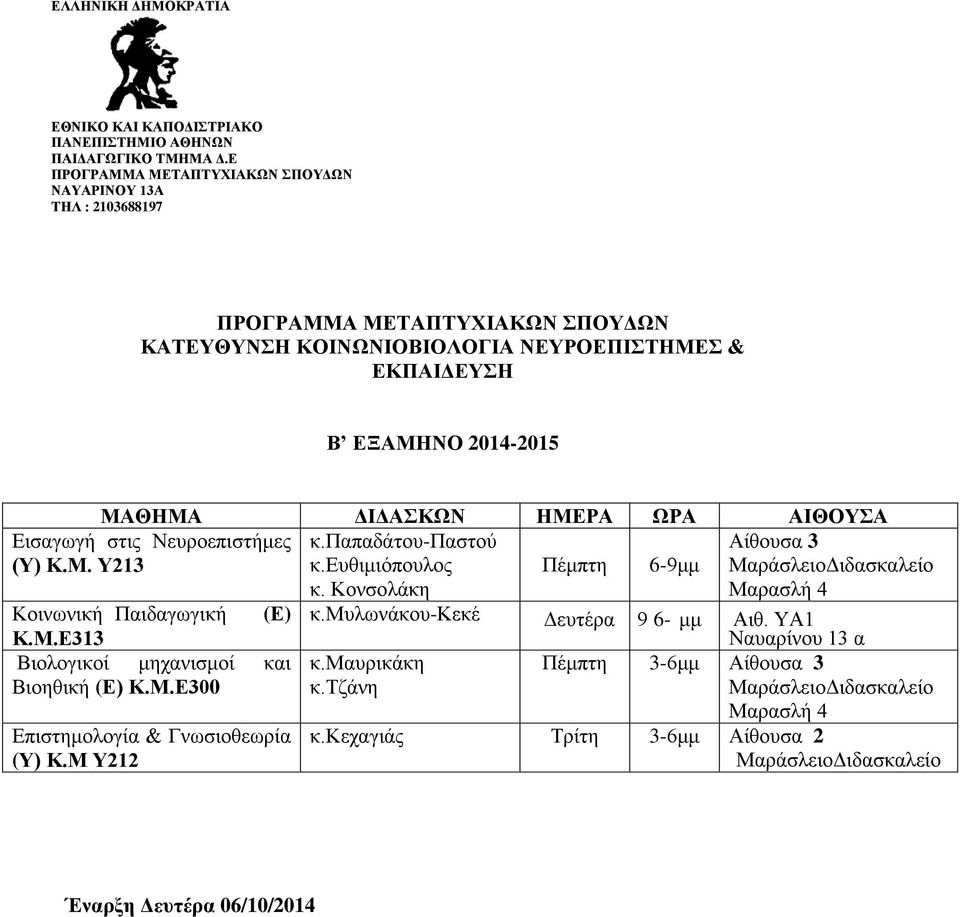 Μ.Ε300 Επιστημολογία & Γνωσιοθεωρία (Υ) Κ.Μ Υ212 κ.μυλωνάκου-κεκέ Δευτέρα 9 6- μμ Αιθ. ΥΑ1 κ.μαυρικάκη κ.