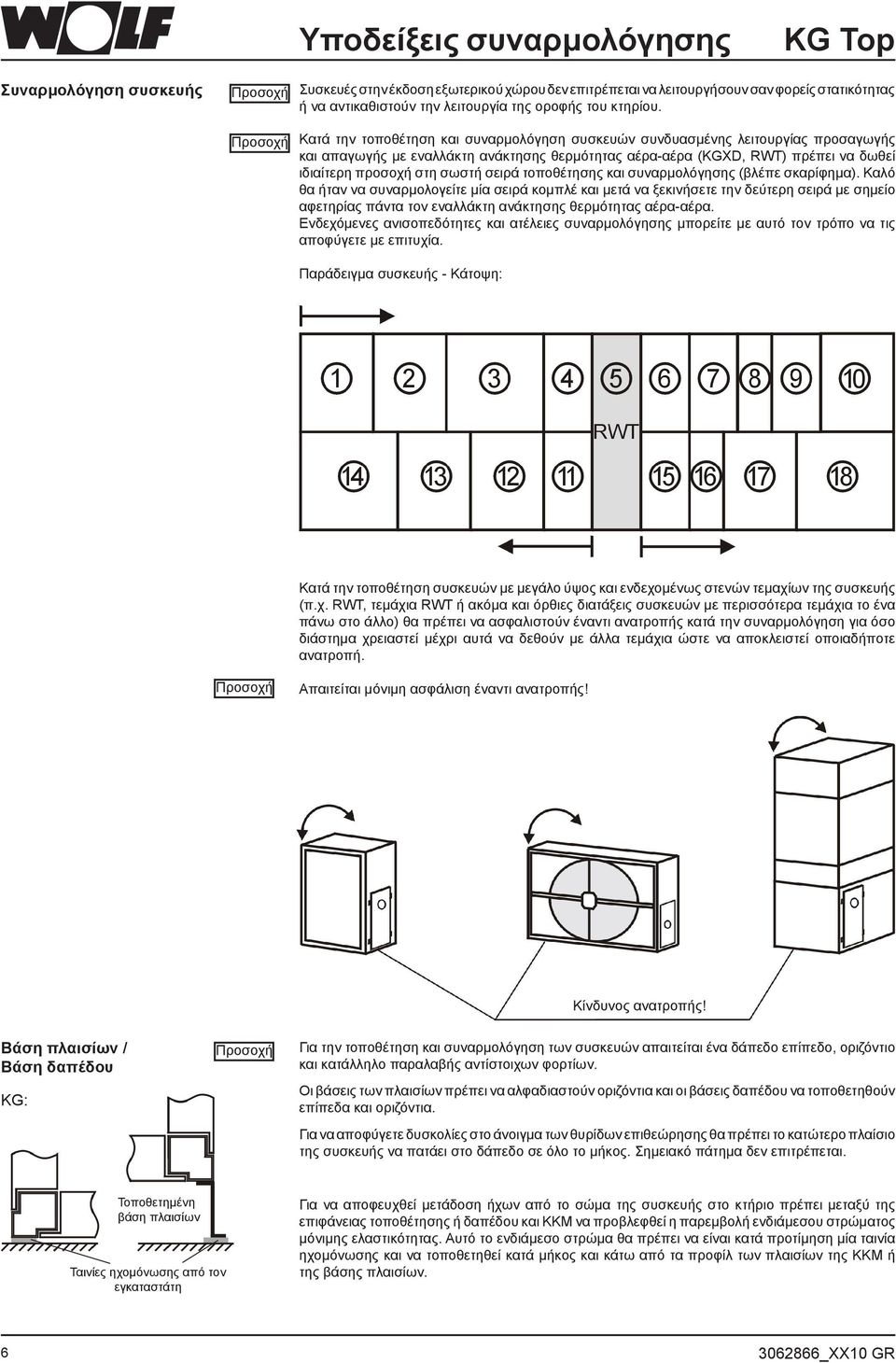 Κατά την τοποθέτηση και συναρμολόγηση συσκευών συνδυασμένης λειτουργίας προσαγωγής και απαγωγής με εναλλάκτη ανάκτησης θερμότητας αέρα-αέρα (KGXD, RWT) πρέπει να δωθεί ιδιαίτερη προσοχή στη σωστή