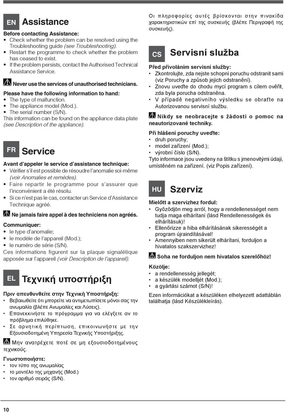 Never use the services of unauthorised technicians. Please have the following information to hand: The type of malfunction. The appliance model (Mod.). The serial number (S/N).