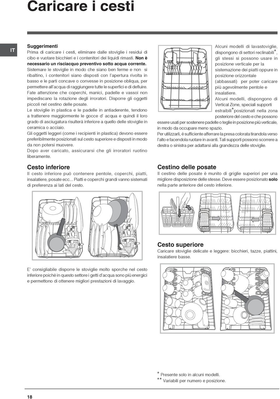 Sistemare le stoviglie in modo che siano ben ferme e non si ribaltino, i contenitori siano disposti con l apertura rivolta in basso e le parti concave o convesse in posizione obliqua, per permettere