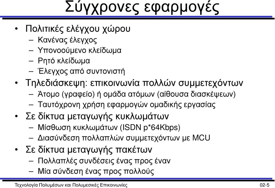 ομαδικής εργασίας Σε δίκτυα μεταγωγής κυκλωμάτων Μίσθωση κυκλωμάτων (ISDN p*64kbps) Διασύνδεση πολλαπλών συμμετεχόντων με MCU Σε