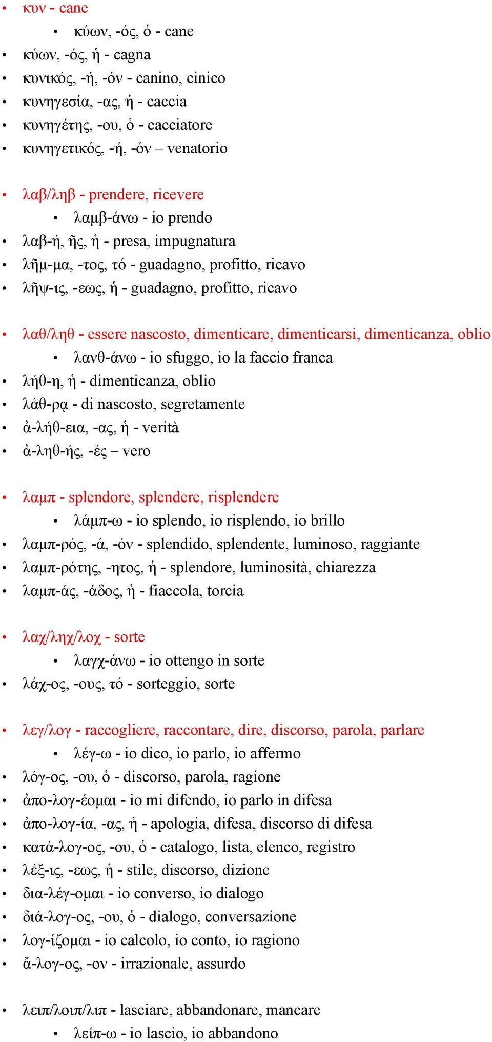 dimenticarsi, dimenticanza, oblio λανθ-άνω - io sfuggo, io la faccio franca λήθ-η, ἡ - dimenticanza, oblio λάθ-ρᾳ - di nascosto, segretamente ἀ-λήθ-εια, -ας, ἡ - verità ἀ-ληθ-ής, -ές vero λαμπ -