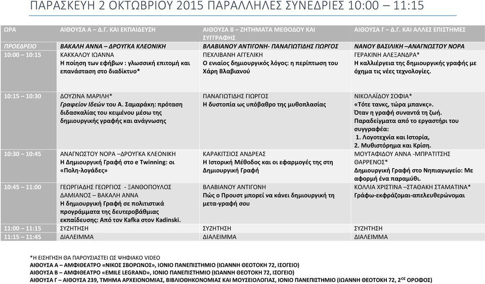 Δ.Γ. ΚΑΙ ΑΛΛΕΣ ΕΠΙΣΤΗΜΕΣ ΣΥΓΓΡΑΦΗΣ ΠΡΟΕΔΡΕΙΟ ΒΑΚΑΛΗ ΑΝΝΑ ΔΡΟΥΓΚΑ ΚΛΕΟΝΙΚΗ ΒΛΑΒΙΑΝΟΥ ΑΝΤΙΓΟΝΗ- ΠΑΝΑΓΙΩΤΙΔΗΣ ΓΙΩΡΓΟΣ ΝΑΝΟΥ ΒΑΣΙΛΙΚΗ ΑΝΑΓΝΩΣΤΟΥ ΝΟΡΑ 10:00 10:15 ΚΑΚΚΑΛΟΥ ΙΩΑΝΝΑ Η ποίηση των εφήβων :