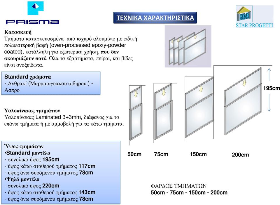 ΤΕΧΝΙΚΑ ΧΑΡΑΚΤΗΡΙΣΤΙΚΑ Standard χρώµατα - Ανθρακί (Μαρµαριγυακου σιδήρου ) - Άσπρο 195cm Υαλοπίνακες τµηµάτων Υαλοπίνακας Laminated 3+3mm, διάφανος για τα