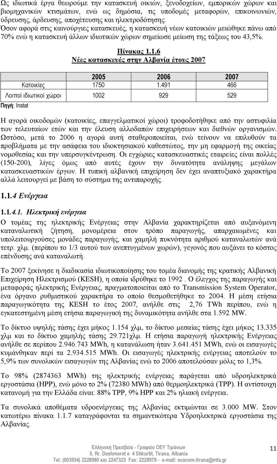 1.6 Νέεο θαηαζθεπέο ζηελ Αιβαλία έηνπο 2007 2005 2006 2007 Καηνηθίεο 1750 1.