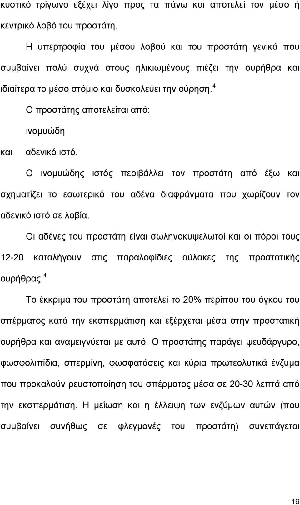 4 Ο προστάτης αποτελείται από: ινοµυώδη και αδενικό ιστό. Ο ινοµυώδης ιστός περιβάλλει τον προστάτη από έξω και σχηµατίζει το εσωτερικό του αδένα διαφράγµατα που χωρίζουν τον αδενικό ιστό σε λοβία.