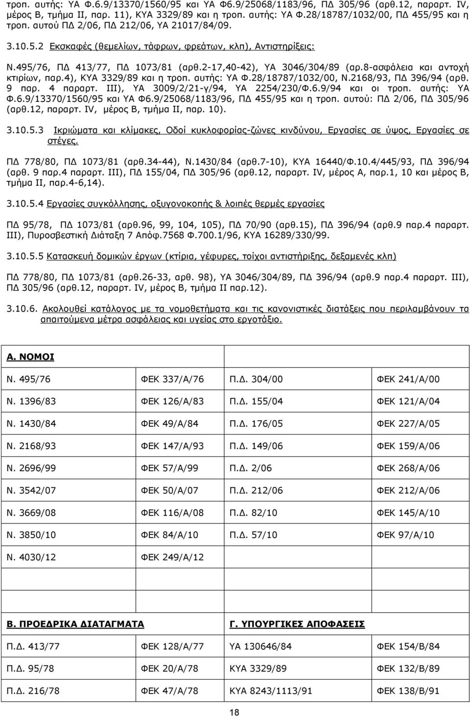 8-ασφάλεια και αντοχή κτιρίων, παρ.4), ΚΥΑ 3329/89 και η τροπ. αυτής: ΥΑ Φ.28/18787/1032/00, Ν.2168/93, ΠΔ 396/94 (αρθ. 9 παρ. 4 παραρτ. ΙΙΙ), ΥΑ 3009/2/21-γ/94, ΥΑ 2254/230/Φ.6.9/94 και οι τροπ.