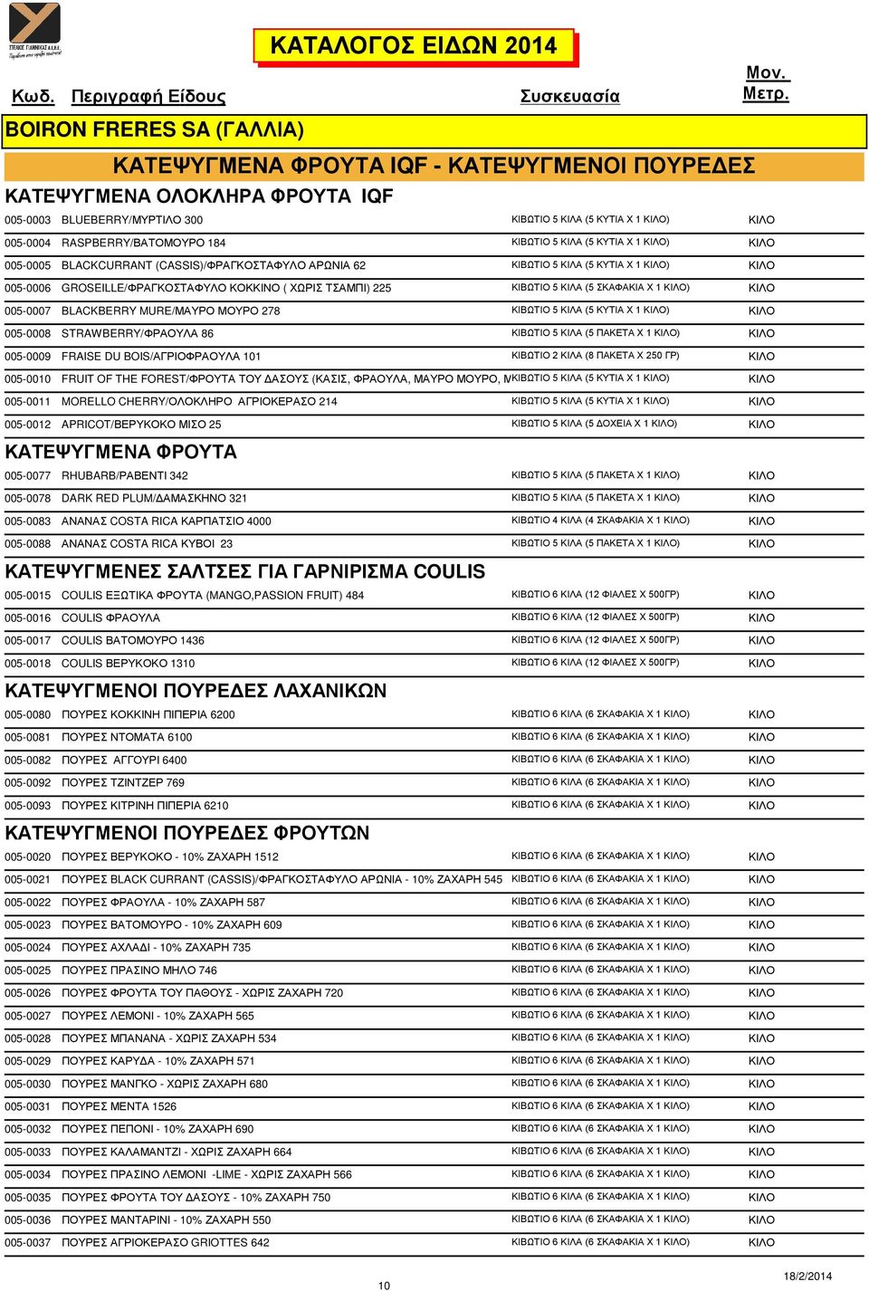 ΧΩΡΙΣ ΤΣΑΜΠΙ) 225 ΚΙΒΩΤΙΟ 5 ΚΙΛΑ (5 ΣΚΑΦΑΚΙΑ X 1 ΚΙΛΟ) ΚΙΛΟ 005-0007 BLACKBERRY MURE/ΜΑΥΡΟ ΜΟΥΡΟ 278 ΚΙΒΩΤΙΟ 5 ΚΙΛΑ (5 ΚΥΤΙΑ X 1 ΚΙΛΟ) ΚΙΛΟ 005-0008 STRAWBERRY/ΦΡΑΟΥΛΑ 86 ΚΙΒΩΤΙΟ 5 ΚΙΛΑ (5 ΠΑΚΕΤΑ X 1