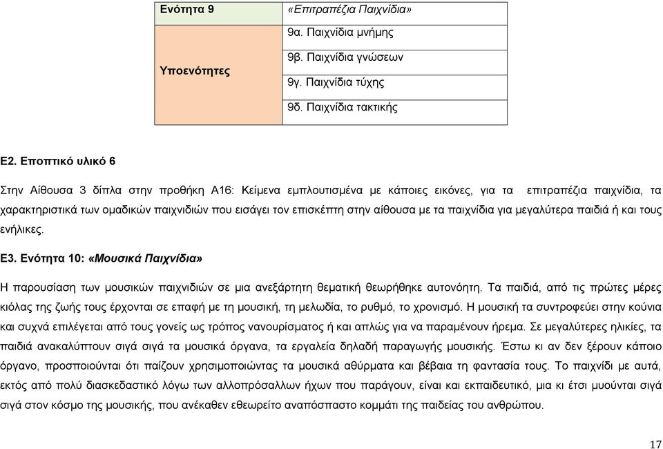 στην αίθουσα με τα παιχνίδια για μεγαλύτερα παιδιά ή και τους ενήλικες. Ε3. Ενότητα 10: «Μουσικά Παιχνίδια» Η παρουσίαση των μουσικών παιχνιδιών σε μια ανεξάρτητη θεματική θεωρήθηκε αυτονόητη.