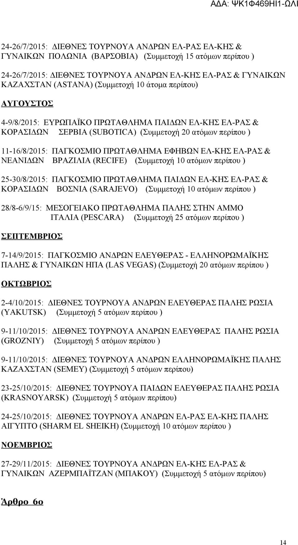 ΕΛ-ΚΗΣ ΕΛ-ΡΑΣ & ΝΕΑΝΙΔΩΝ ΒΡΑΖΙΛΙΑ (RECIFE) (Συμμετοχή 10 ατόμων περίπου ) 25-30/8/2015: ΠΑΓΚΟΣΜΙΟ ΠΡΩΤΑΘΛΗΜΑ ΠΑΙΔΩΝ ΕΛ-ΚΗΣ ΕΛ-ΡΑΣ & ΚΟΡΑΣΙΔΩΝ ΒΟΣΝΙΑ (SARAJEVO) (Συμμετοχή 10 ατόμων περίπου )