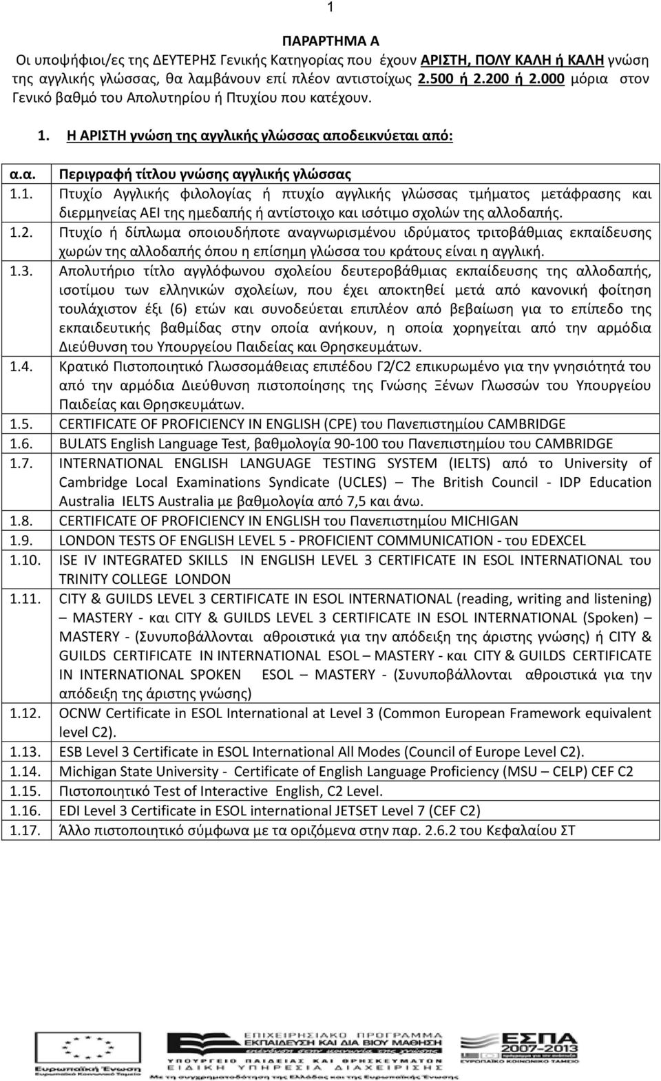 Η ΑΡΙΣΤΗ γνώση της αγγλικής γλώσσας αποδεικνύεται από: α.α. Περιγραφή τίτλου γνώσης αγγλικής γλώσσας 1.