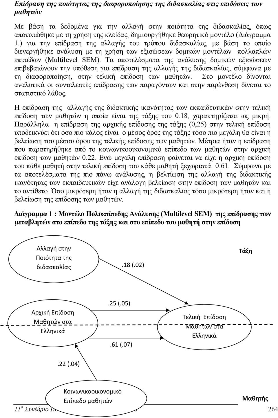 ) για την επίδραση της αλλαγής του τρόπου διδασκαλίας, με βάση το οποίο διενεργήθηκε ανάλυση με τη χρήση των εξισώσεων δομικών μοντέλων πολλαπλών επιπέδων (Multilevel SEM).