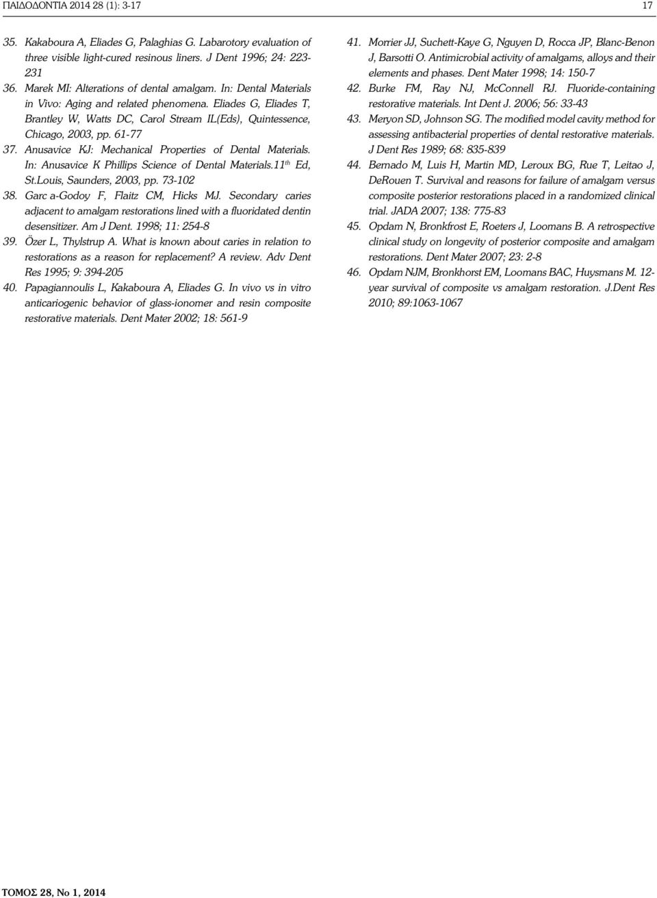 61-77 37. Anusavice KJ: Mechanical Properties of Dental Materials. In: Anusavice K Phillips Science of Dental Materials.11 th Ed, St.Louis, Saunders, 2003, pp. 73-102 38.