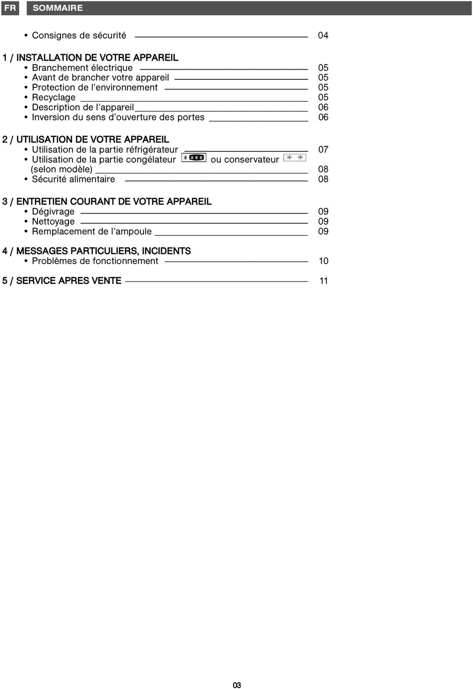 la partie réfrigérateur 07 Utilisation de la partie congélateur ou conservateur (selon modèle) 08 Sécurité alimentaire 08 3 / ENTRETIEN COURNT DE