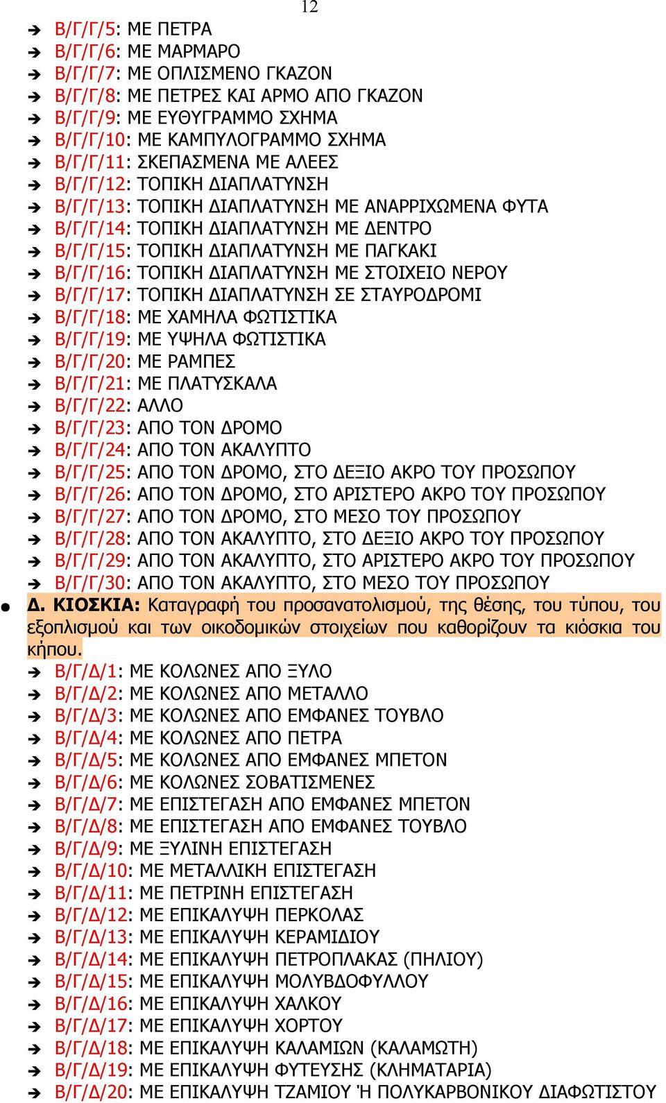 ΣΤΟΙΧΕΙΟ ΝΕΡΟΥ Β/Γ/Γ/17: ΤΟΠΙΚΗ ΔΙΑΠΛΑΤΥΝΣΗ ΣΕ ΣΤΑΥΡΟΔΡΟΜΙ Β/Γ/Γ/18: ΜΕ ΧΑΜΗΛΑ ΦΩΤΙΣΤΙΚΑ Β/Γ/Γ/19: ΜΕ ΥΨΗΛΑ ΦΩΤΙΣΤΙΚΑ Β/Γ/Γ/20: ΜΕ ΡΑΜΠΕΣ Β/Γ/Γ/21: ΜΕ ΠΛΑΤΥΣΚΑΛΑ Β/Γ/Γ/22: ΑΛΛΟ Β/Γ/Γ/23: ΑΠΟ ΤΟΝ