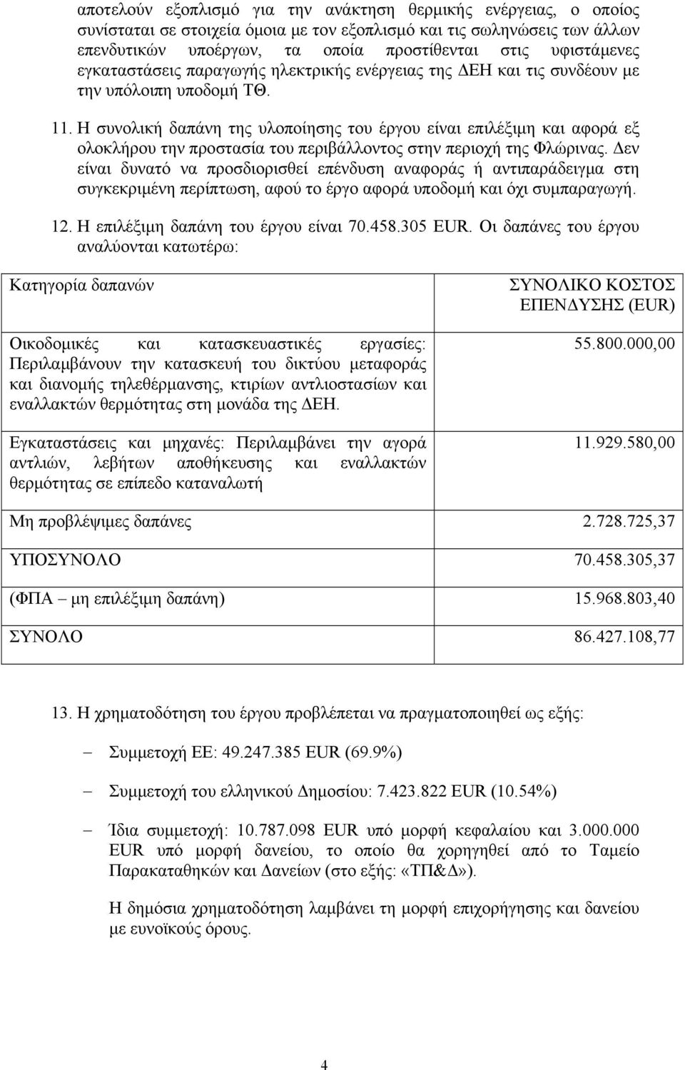 Η συνολική δαπάνη της υλοποίησης του έργου είναι επιλέξιμη και αφορά εξ ολοκλήρου την προστασία του περιβάλλοντος στην περιοχή της Φλώρινας.