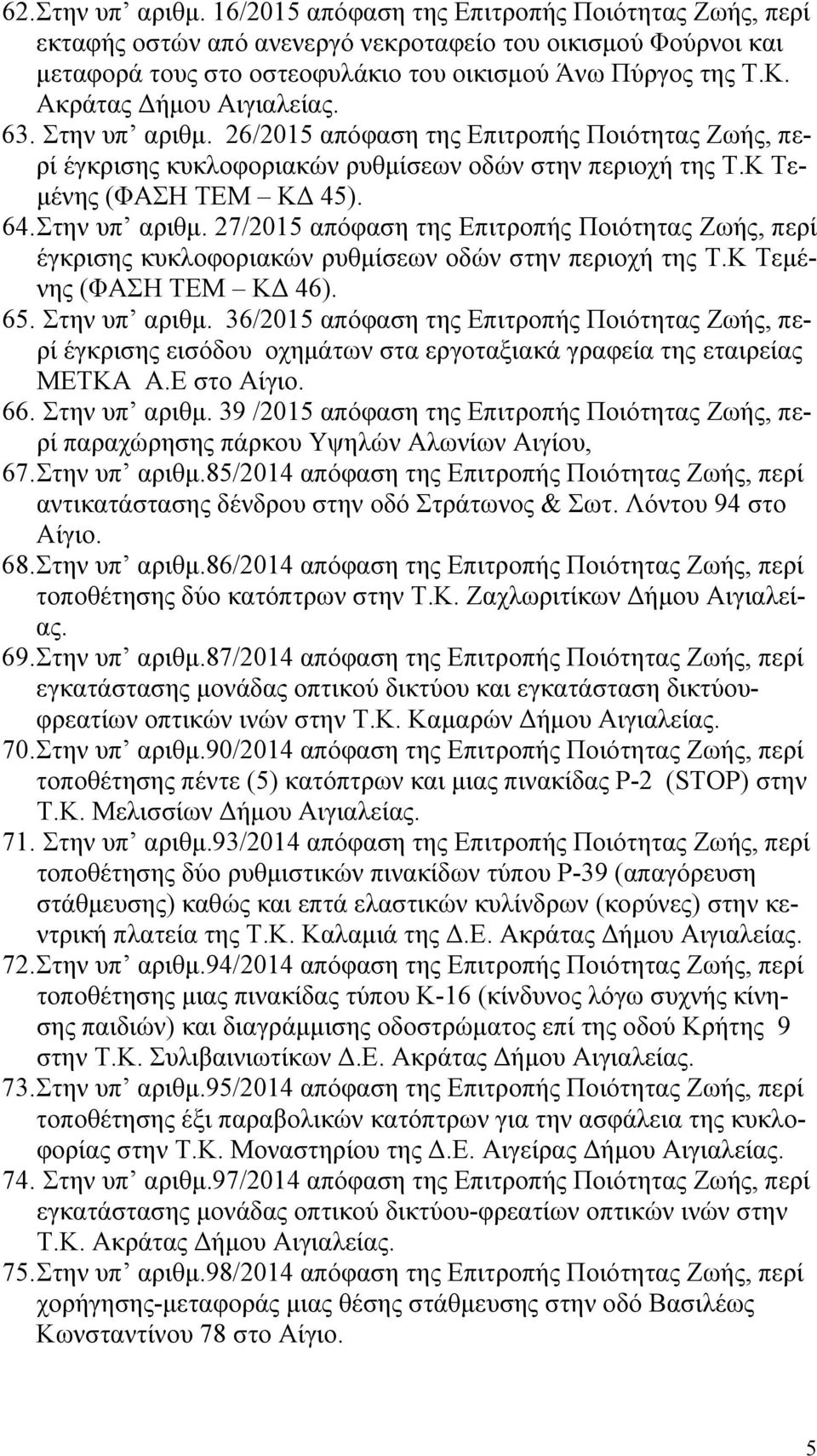 Κ Τεμένης (ΦΑΣΗ ΤΕΜ ΚΔ 46). 65. Στην υπ αριθμ. 36/2015 απόφαση της Επιτροπής Ποιότητας Ζωής, περί έγκρισης εισόδου οχημάτων στα εργοταξιακά γραφεία της εταιρείας ΜΕΤΚΑ Α.Ε στο Αίγιο. 66.