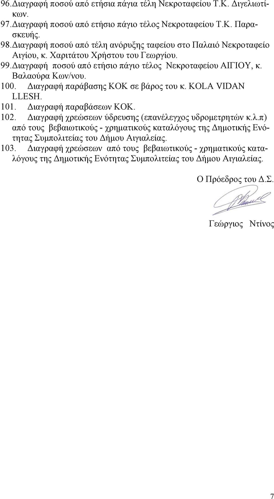 100. Διαγραφή παράβασης ΚΟΚ σε βάρος του κ. KOLA VIDAN LLESH. 101. Διαγραφή παραβάσεων ΚΟΚ. 102. Διαγραφή χρεώσεων ύδρευσης (επανέλε