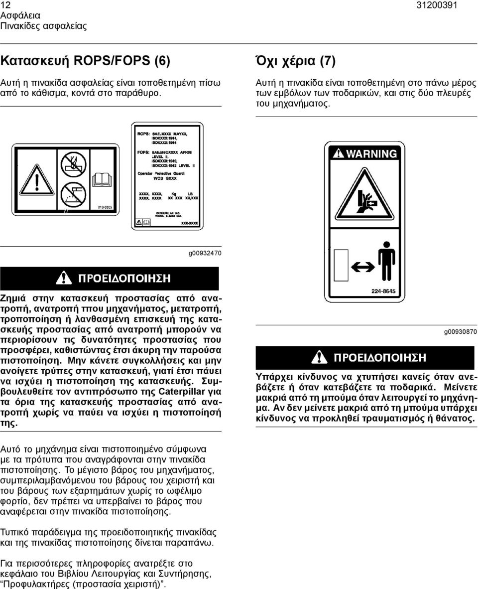 g00932470 Ζηµιά στην κατασκευή προστασίας από ανατροπή, ανατροπή τπου µηχανήµατος, µετατροπή, τροποποίηση ή λανθασµένη επισκευή της κατασκευής προστασίας από ανατροπή µπορούν να περιορίσουν τις
