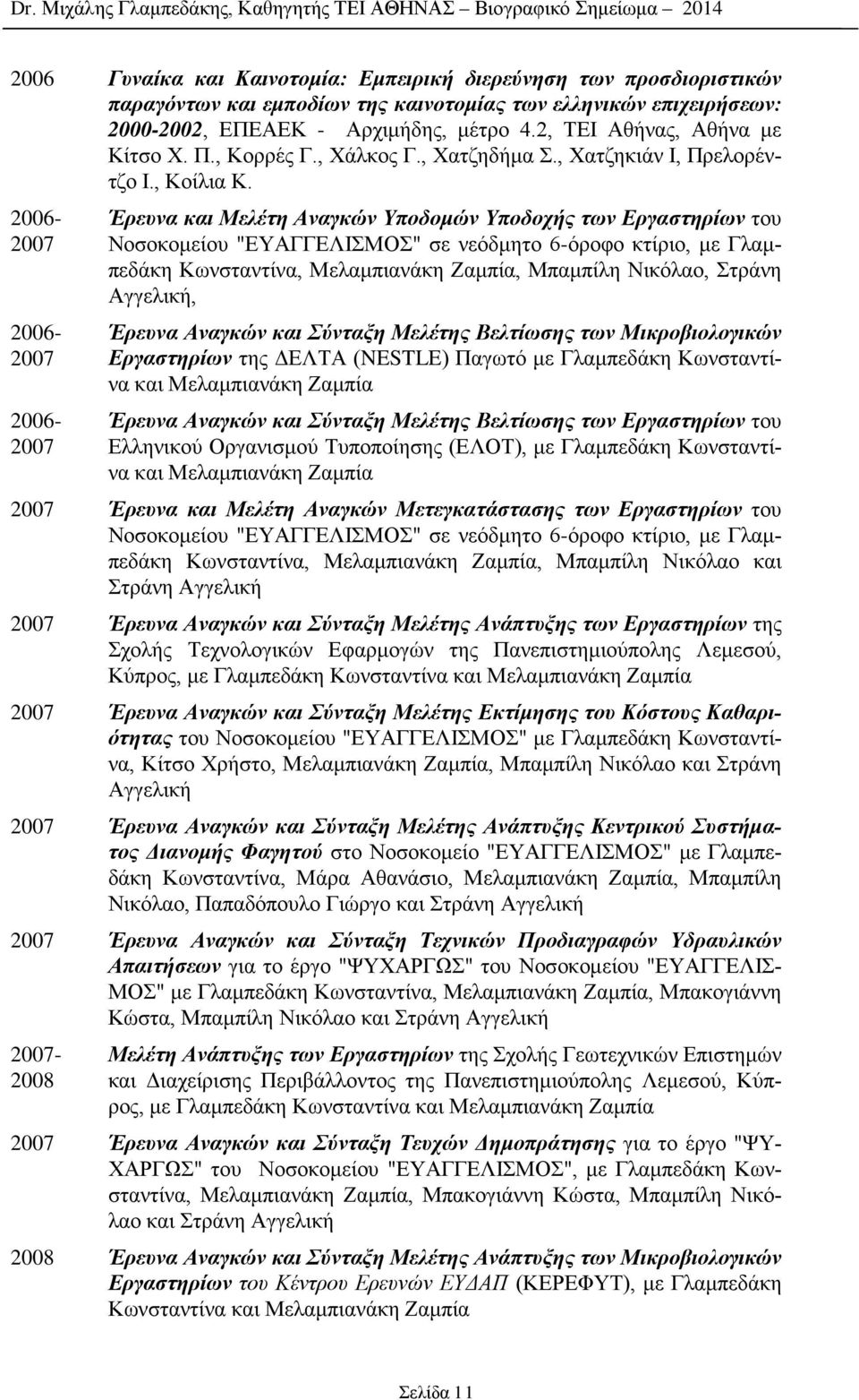 2006-2007 2006-2007 2006-2007 Έρευνα και Μελέτη Αναγκών Υποδομών Υποδοχής των Εργαστηρίων του Νοσοκομείου "ΕΥΑΓΓΕΛΙΣΜΟΣ" σε νεόδμητο 6-όροφο κτίριο, με Γλαμπεδάκη Κωνσταντίνα, Μελαμπιανάκη Ζαμπία,